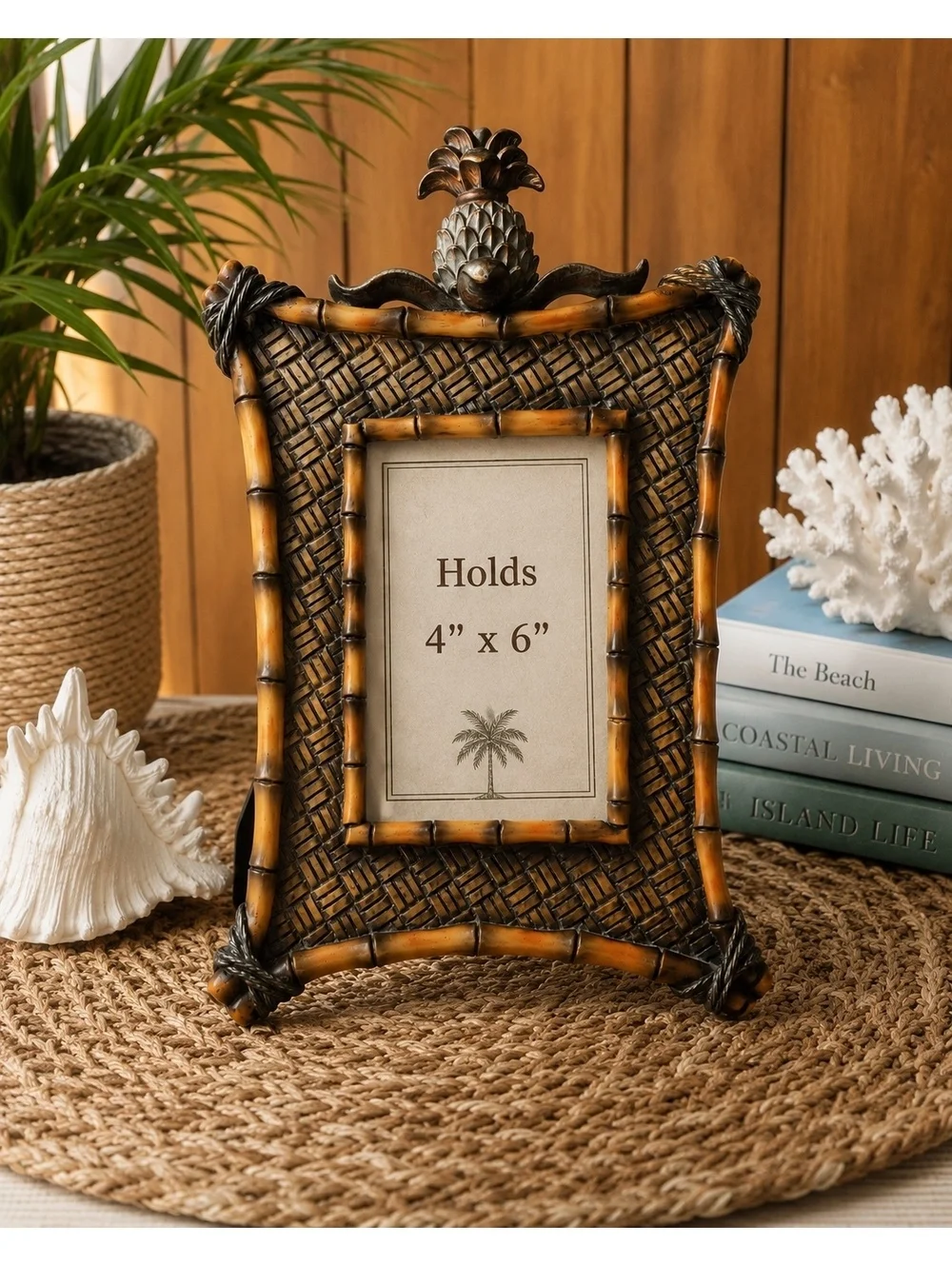 Vintage Pineapple Bamboo Look 4x6 Picture Frame Tropical Coastal Decor